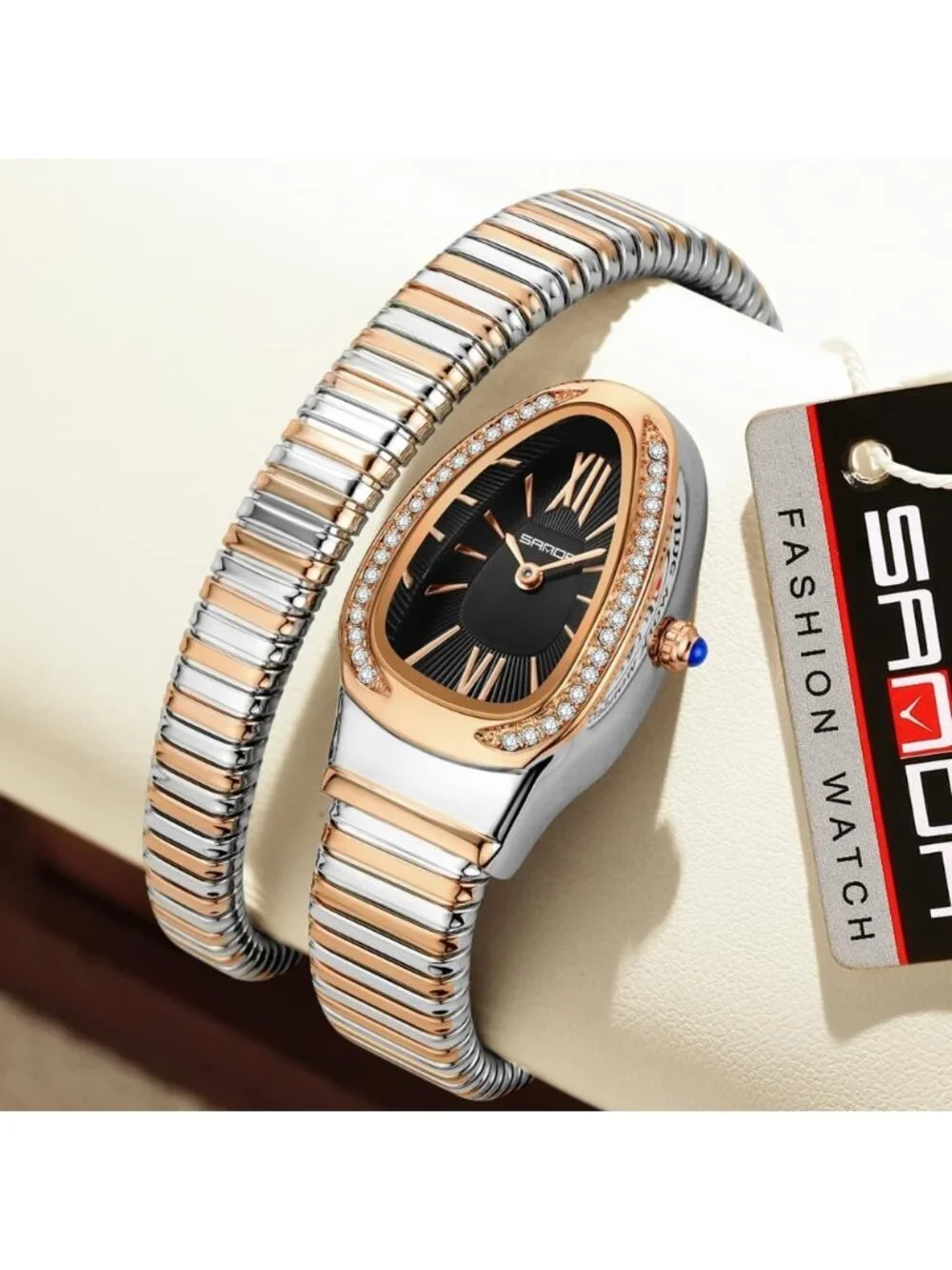 Women's Rose Silver Black Elegant Wrap Around Bangle Fashion Snake Cuff Watch